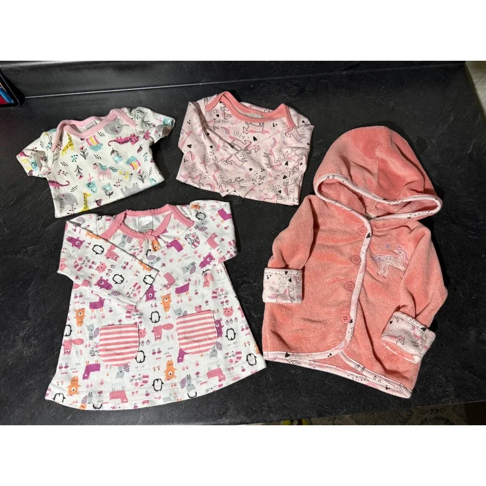 CJP Baby 4pc Outfit Set 6-9 Months Pink Unicorn Hooded Cardigan Bodysuits Dress